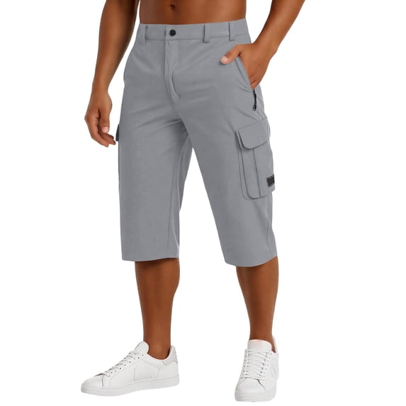 Dwellite Mens Workout Capris Gym Hiking Shorts Zipper Pockets Lightweight Athletic 3/4 Capri Pants Light Gray L