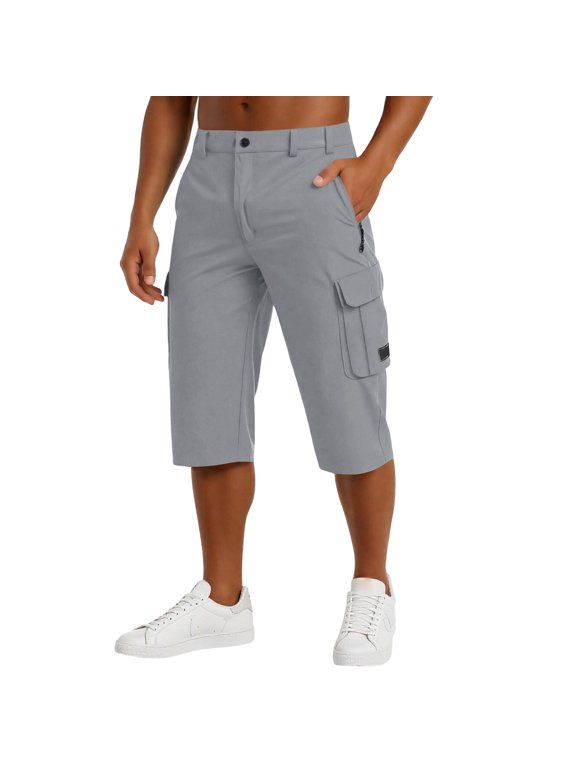 Mens Workout Capris Gym Hiking Shorts Zipper Pockets Lightweight Athletic 3/4 Capri Pants Light Gray L