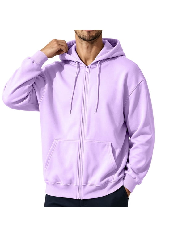 Mens Zip Up Hooded Sweatshirt Casual Long Sleeve Hoodies Drawstring Sweatshirts with Pockets Light Purple S