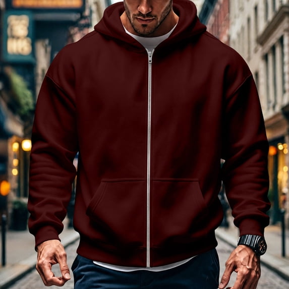 Dwellite Mens Zip Up Hoodie Comfort Sweatshirt Everyday Wear Blouse with Pocket Long Sleeves Full Zipper Tops Wine XL