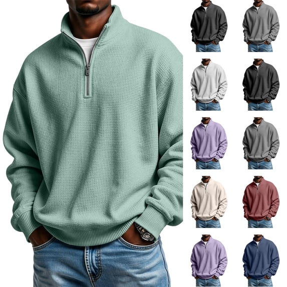 Dwellite Mock Neck Sweaters for Men Quarter Zip Waffle Knit Pullover Business Casual Mock Neck Long Sleeve Sweater Green 2XL