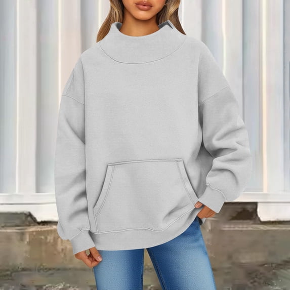 Dwellite Mock Neck Sweatshirt for Women 2026 Oversized Turtleneck Pullover Fall Fashion Long Sleeve Tops Gray M