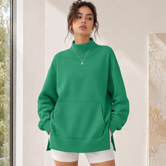 Dwellite Mock Neck Sweatshirt for Women Fall Turtleneck Long Sleeve Tops Oversized Pullover for Daily Wear,Sports,Going Out Green L