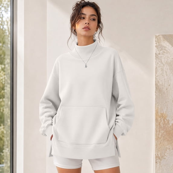 Dwellite Mock Neck Sweatshirt for Women Fall Turtleneck Long Sleeve Tops Oversized Pullover for Daily Wear,Sports,Going Out White 3XL