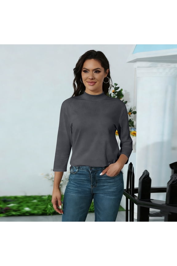 Mock Neck Tops for Women 3/4 Sleeve T Shirts Loose Fit Solid Work Blouses Lightweight Spring 2026 Dark Gray 3XL