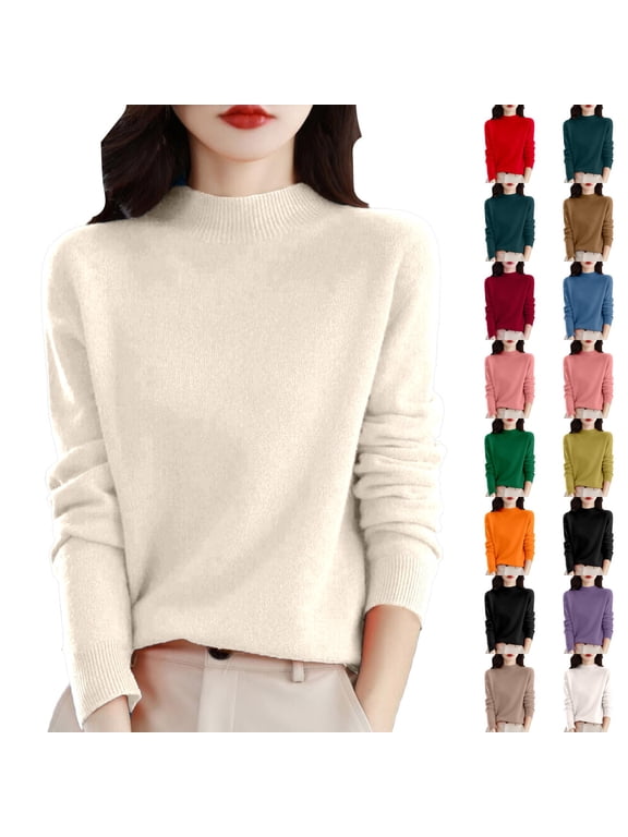 Mock Neck Tops for Women Faux Wool Long Sleeve Dressy Casual Lightweight Basic Knitted Pullover Sweater Beige -AF06 2XL