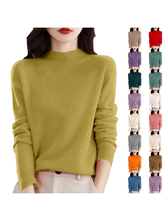 Mock Neck Tops for Women Faux Wool Long Sleeve Dressy Casual Lightweight Basic Knitted Pullover Sweater Yellow -AF06 S