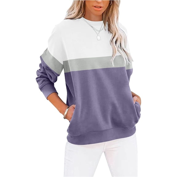 Dwellite Oversized Crewneck Sweatshirt Women Cute Plain Fleece Pullover Sweatshirts No Hood Casual Fall Long Sleeve Tops with Pocket Purple L