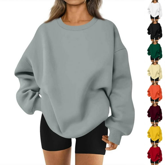 Dwellite Oversized Crewneck Sweatshirts Women Cute Plain Fleece Pullover Sweatshirt No Hood Casual Fall Long Sleeve Basic Tops with Pocket Light Gray S