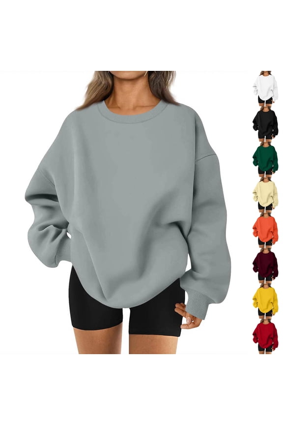 Oversized Crewneck Sweatshirts Women Cute Plain Fleece Pullover Sweatshirt No Hood Casual Fall Long Sleeve Basic Tops with Pocket Light Gray S