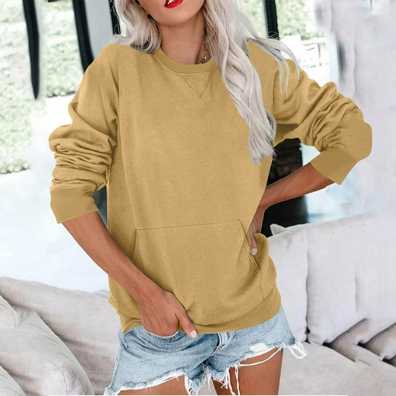 Dwellite Oversized Sweatshirt for Women Crewneck Fleece Pullover Soft Trendy Sweatshirts Plus Size Cute Hoodies with Pocket Yellow 2XL