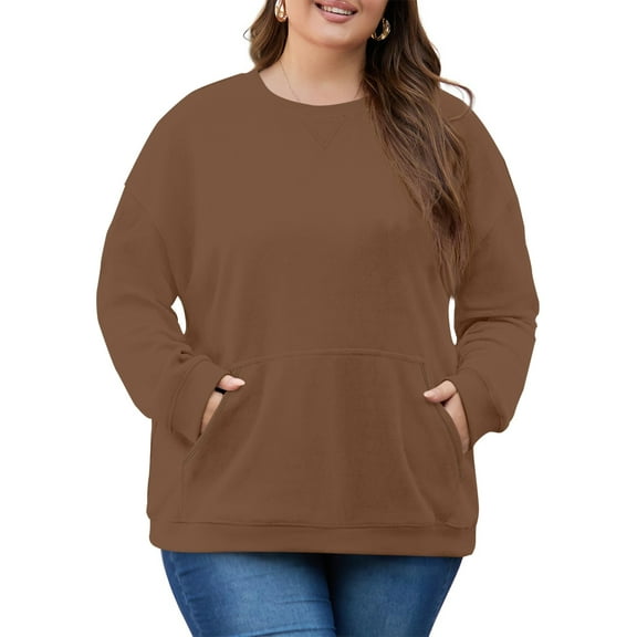 Dwellite Oversized Sweatshirts for Women Cotton Long Sleeve Tops Crewneck Pullover Sweater Plus Size Clothes with Pocket Brown L