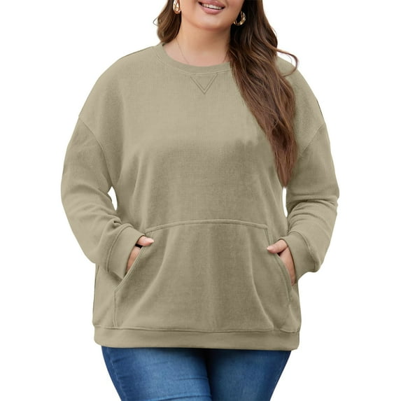 Dwellite Oversized Sweatshirts for Women Cotton Long Sleeve Tops Crewneck Pullover Sweater Plus Size Clothes with Pocket Champagne 4XL