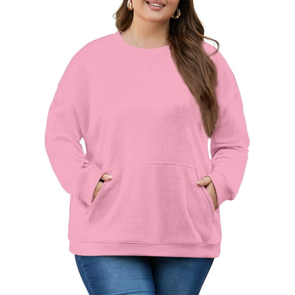 Dwellite Oversized Sweatshirts for Women Cotton Long Sleeve Tops Crewneck Pullover Sweater Plus Size Clothes with Pocket Pink 4XL