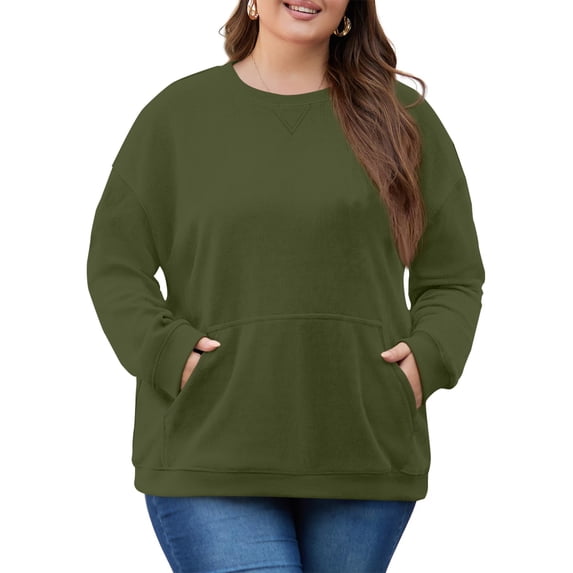 Dwellite Oversized Sweatshirts for Women Cotton Long Sleeve Tops Crewneck Pullover Sweater Y2K Hoodies Fall Clothes with Pocket Army Green L