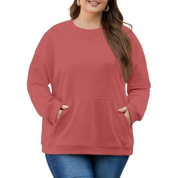 Dwellite Oversized Sweatshirts for Women Cotton Long Sleeve Tops Crewneck Pullover Sweater Y2K Hoodies Fall Clothes with Pocket Watermelon Red 4XL