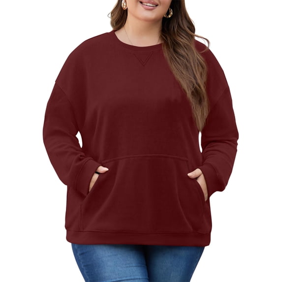 Dwellite Oversized Sweatshirts for Women Cotton Long Sleeve Tops Crewneck Pullover Sweater Y2K Hoodies Fall Clothes with Pocket Wine XL