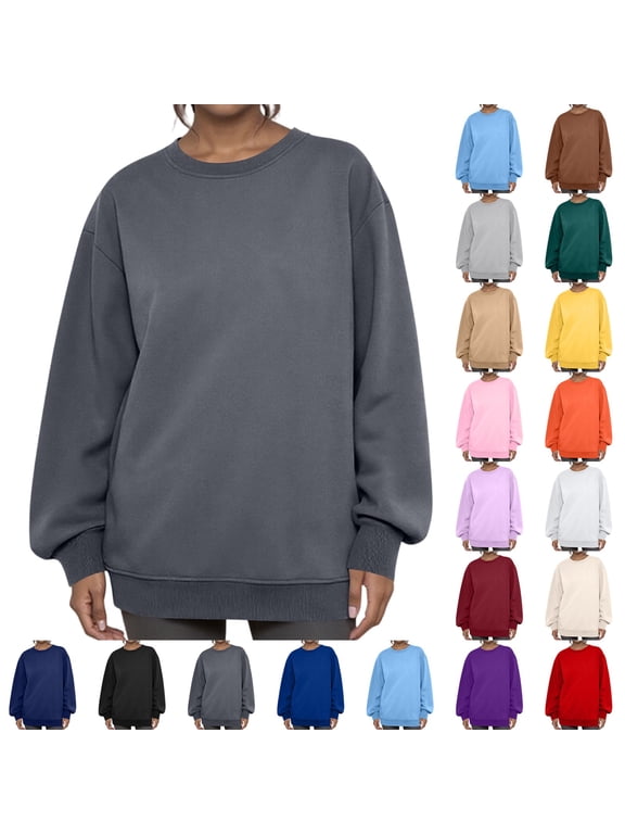 Oversized Sweatshirts for Women Crewneck Hoodies Cotton Long Sleeve Tops Solid Color Pullover Sweat Shirts Light Blue 2XL