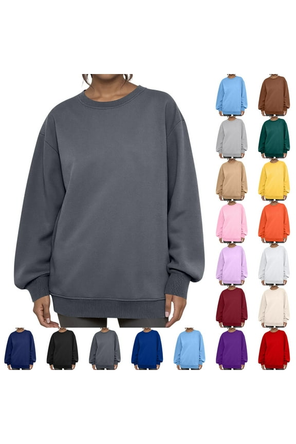 Oversized Sweatshirts for Women Crewneck Hoodies Cotton Long Sleeve Tops Solid Color Pullover Sweat Shirts Pink S