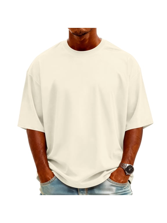 Oversized Tshirts for Men Casual Crewneck Solid Color Tees Basic Short Sleeve Loose Fit Tops Beige S