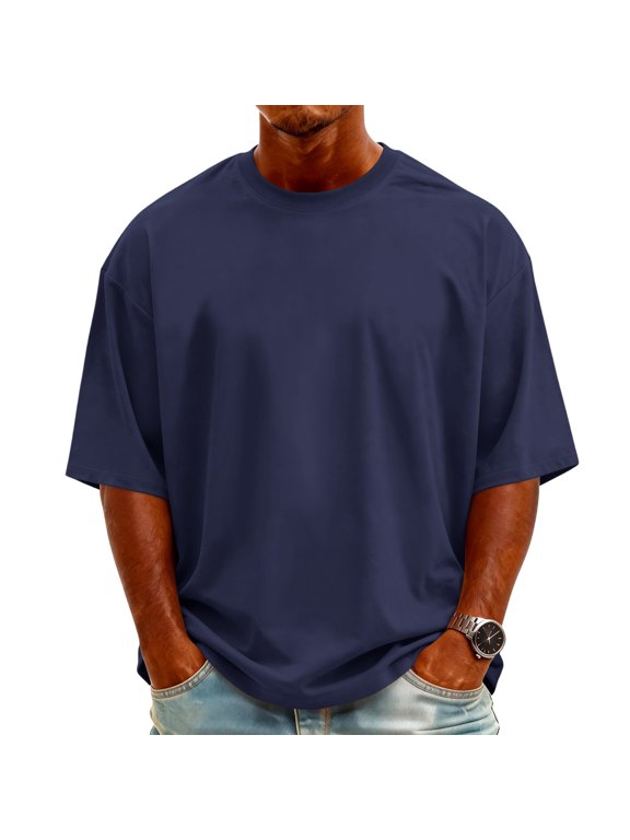 Oversized Tshirts for Men Casual Crewneck Solid Color Tees Basic Short Sleeve Loose Fit Tops Navy 2XL