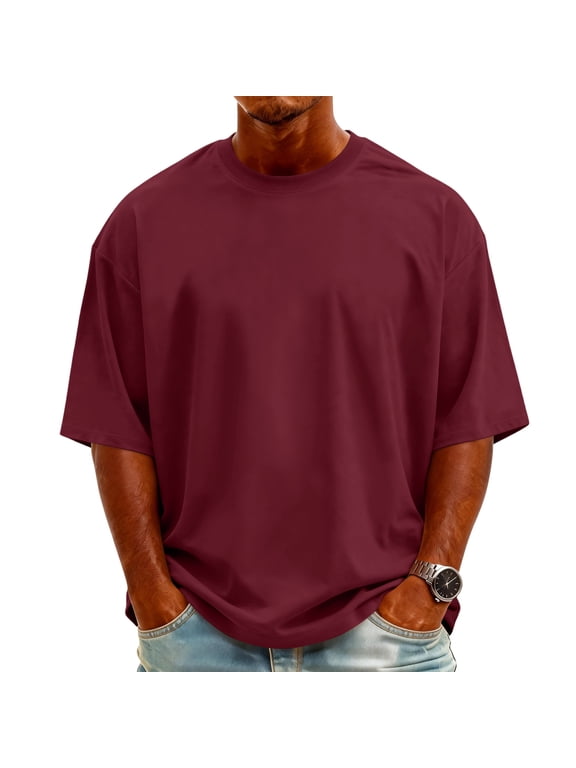 Oversized Tshirts for Men Casual Crewneck Solid Color Tees Basic Short Sleeve Loose Fit Tops Wine XL