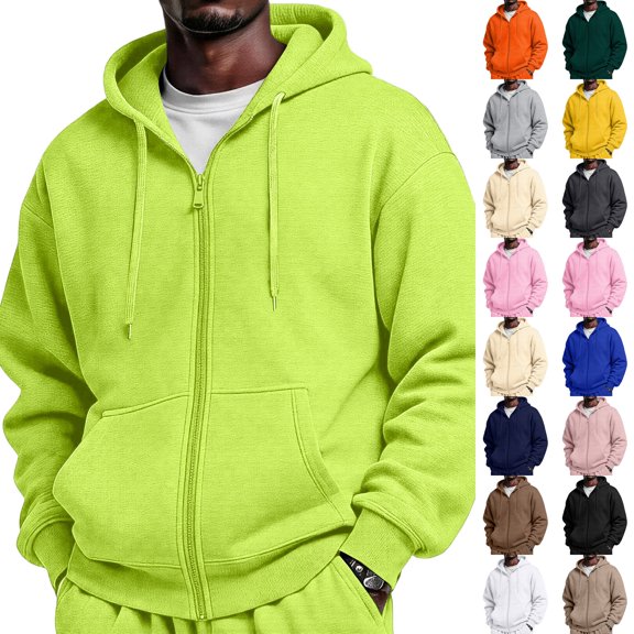 Dwellite Oversized Zip Up Hoodie Men Long Sleeve Drawstring Hooded Sweatshirt with Pocket Fluorescent Green L