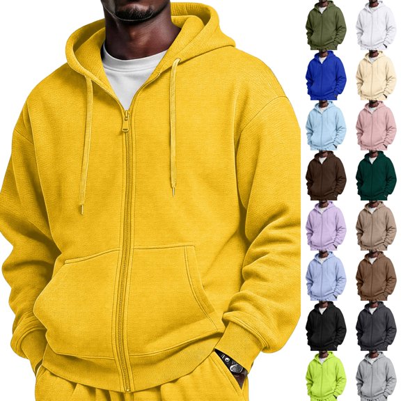 Dwellite Oversized Zip Up Hoodie Men Long Sleeve Drawstring Hooded Sweatshirt with Pocket Yellow 3XL