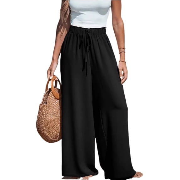 Dwellite Palazzo Pants for Women Smocked Waist Boho Western Flowy Wide Leg Pant Casual Summer Solid Trouser with Pockets Black 2XL