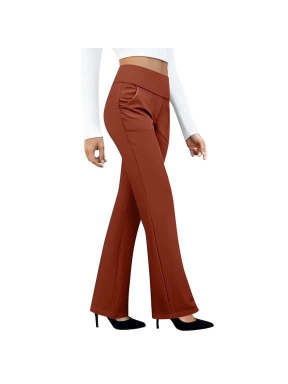 Pants Women High Waist Pull-On Dress Pants for Work Business Casual Office Trousers Pockets 2026 Brown XL