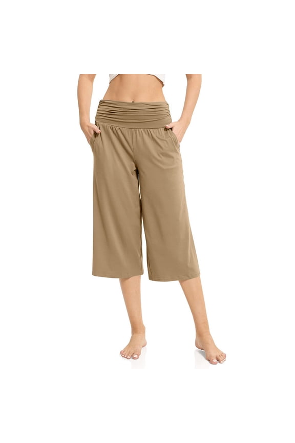 Pants for Women Low Rise Fold Over Capris Wide Leg Cropped Capri Yoga Pants Y2K Lounge Palazzo Gauchos Pant with Pockets Khaki S