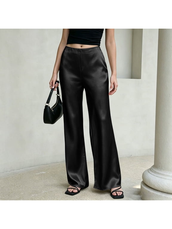 Pants for Women Satin Wide Leg Dress Pants Waistband Casual Long Flowy Loose Trousers 2026 Black M