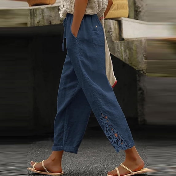 Dwellite Pants for Women Summer 2026 Trendy Beach Slacks Casual Vintage Lace Design Drawstring Elastic Pant with Pocket Blue 2XL