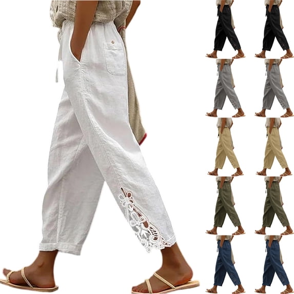 Dwellite Pants for Women Summer 2026 Trendy Beach Slacks Casual Vintage Lace Design Drawstring Elastic Pant with Pockets Khaki S
