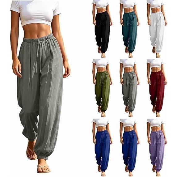 Dwellite Pants for Womens Baggy Cotton Linen Balloon Beach Pants Drawstring Loose Wide Leg Boho Harem Pants with Pockets Gray S