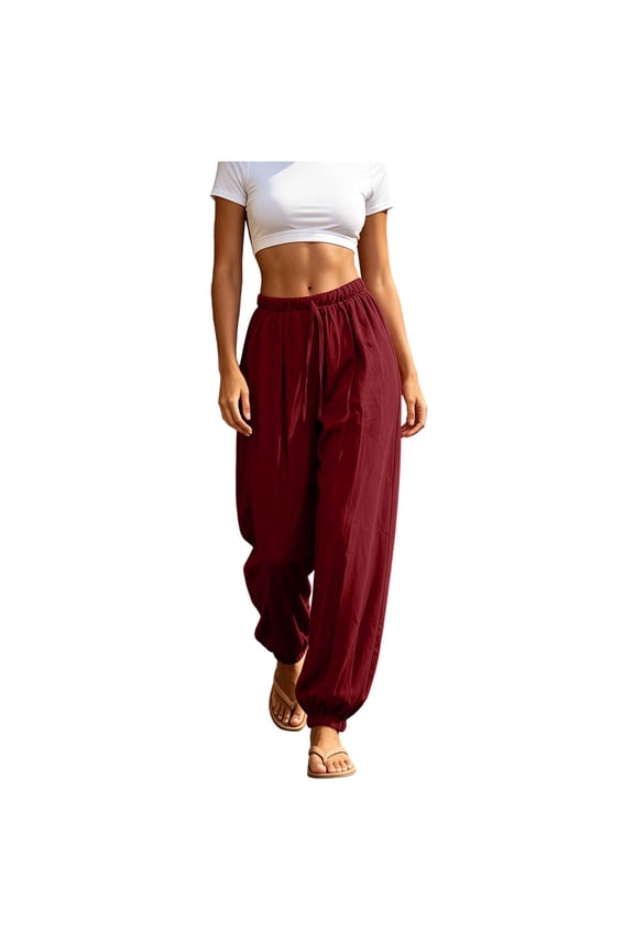 Pants for Womens Baggy Cotton Linen Balloon Beach Pants Drawstring Loose Wide Leg Boho Harem Pants with Pockets Wine S
