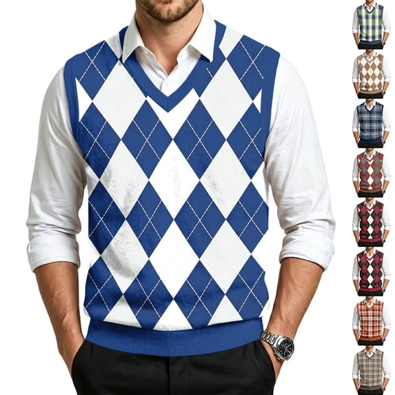 Dwellite Plaid Sweater Vest for Men Casual Sleeveless Knit Pullover V Neck Business Office Fall Winter Sweaters Blue 4XL