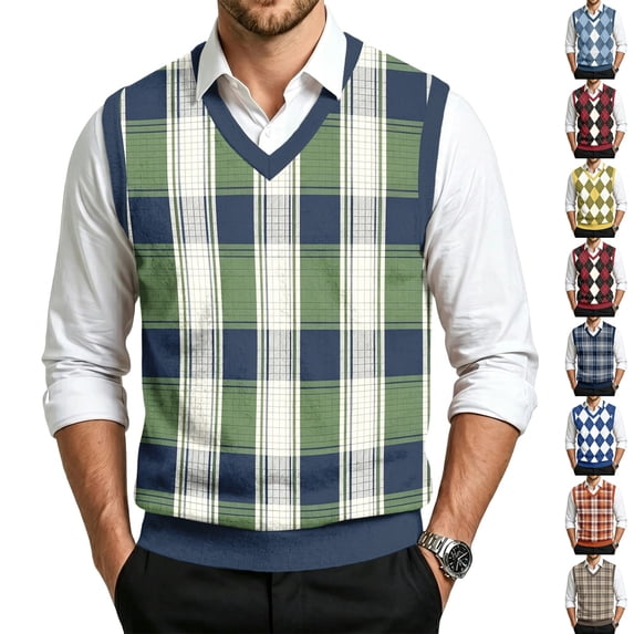 Dwellite Plaid Sweater Vest for Men Casual Sleeveless Knit Pullover V Neck Business Office Fall Winter Sweaters Green 5XL