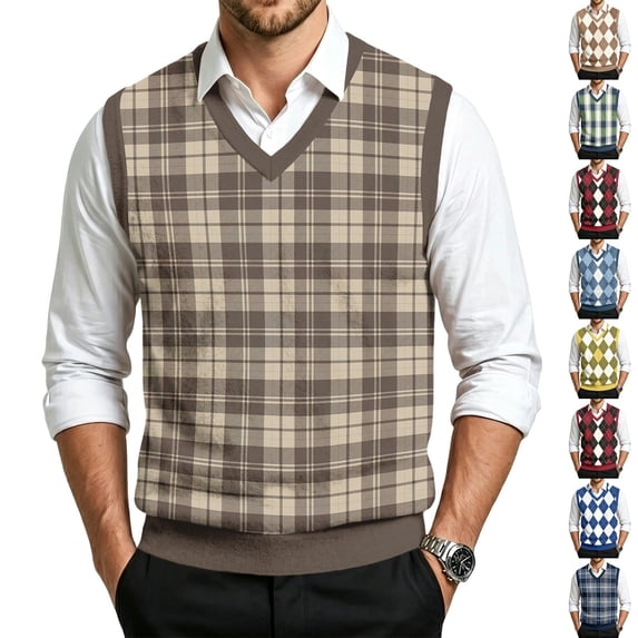 Dwellite Plaid Sweater Vest for Men Casual Sleeveless Knit Pullover V Neck Business Office Fall Winter Sweaters Light Brown L