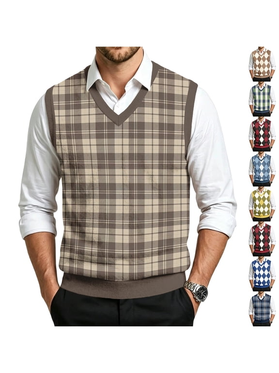 Plaid Sweater Vest for Men Casual Sleeveless Knit Pullover V Neck Business Office Fall Winter Sweaters Light Brown S
