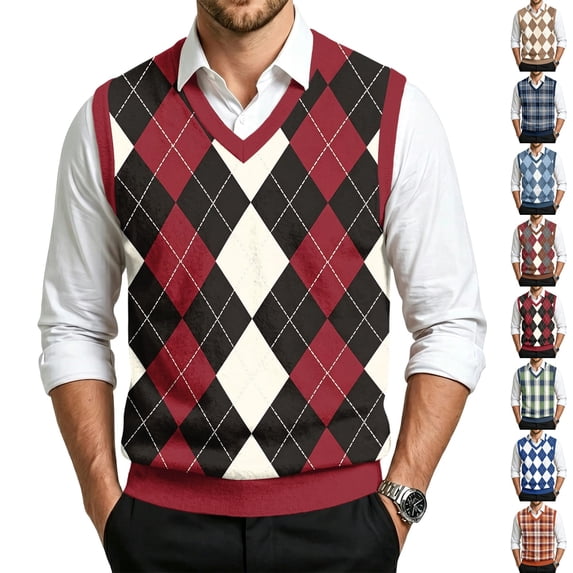 Dwellite Plaid Sweater Vest for Men Casual Sleeveless Knit Pullover V Neck Business Office Fall Winter Sweaters Wine M