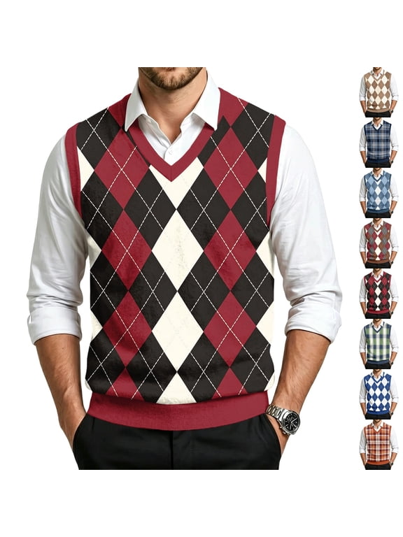 Plaid Sweater Vest for Men Casual Sleeveless Knit Pullover V Neck Business Office Fall Winter Sweaters Wine S
