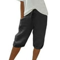 thumbnail image 1 of Dwellite Plus Size Bermuda Shorts for Women Knee Length Cotton Linen Elastic Waist Drawstring Shorts Summer Loose Capri Pant Black M, 1 of 7