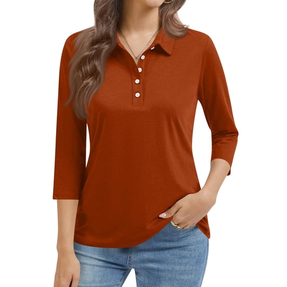 Dwellite Polo Shirts for Women 3/4 Sleeve Tops Golf Tees 5-Button Collared Cotton Shirt Business Casual Tops Ginger -CH08 L