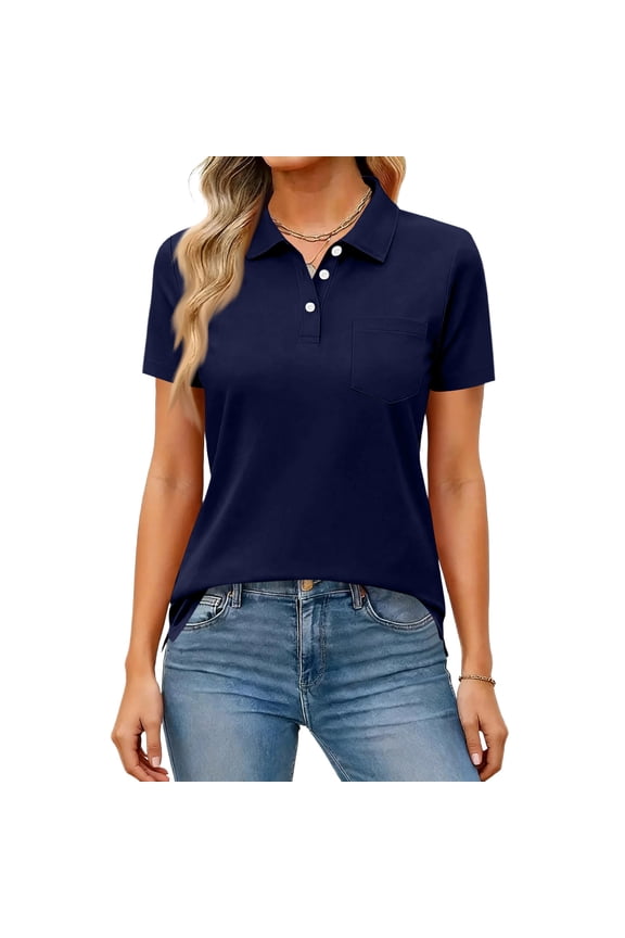 Polo Shirts for Women Short Sleeve Button Down Collared Shirts Business Tops Athletic Golf Shirts with Pockets Navy 2XL