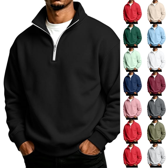 Dwellite Quarter Zip Sweatshirt for Men Fall Winter Pullover Collar Long Sleeve Sweatshirts Black 4XL