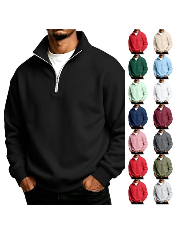 Quarter Zip Sweatshirt for Men Fall Winter Pullover Collar Long Sleeve Sweatshirts Black 4XL