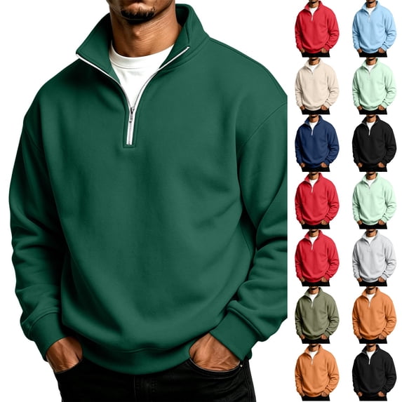 Dwellite Quarter Zip Sweatshirt for Men Fall Winter Pullover Collar Long Sleeve Sweatshirts Dark Green S