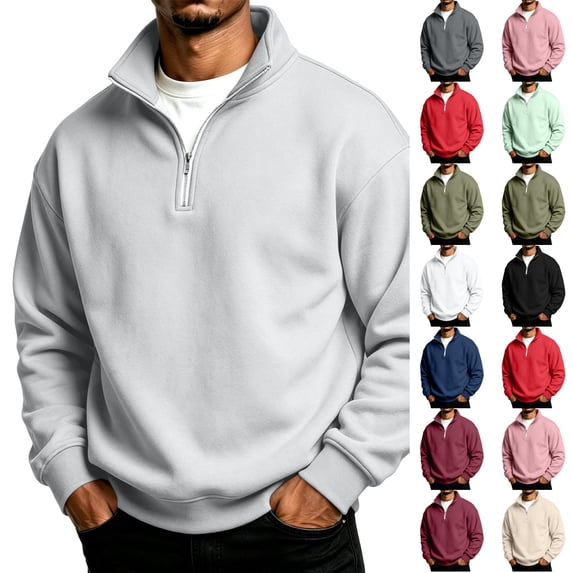 Dwellite Quarter Zip Sweatshirt for Men Fall Winter Pullover Collar Long Sleeve Sweatshirts Light Gray S
