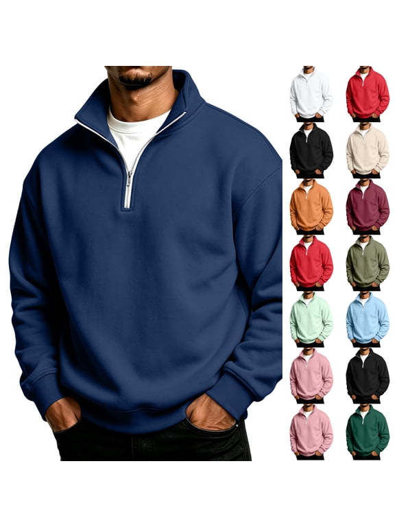 Quarter Zip Sweatshirt for Men Fall Winter Pullover Collar Long Sleeve Sweatshirts Navy S